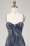 Beaded Thick Straps Sparkly Navy Short Cocktail Dress