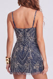 Beaded Thick Straps Sparkly Navy Short Cocktail Dress