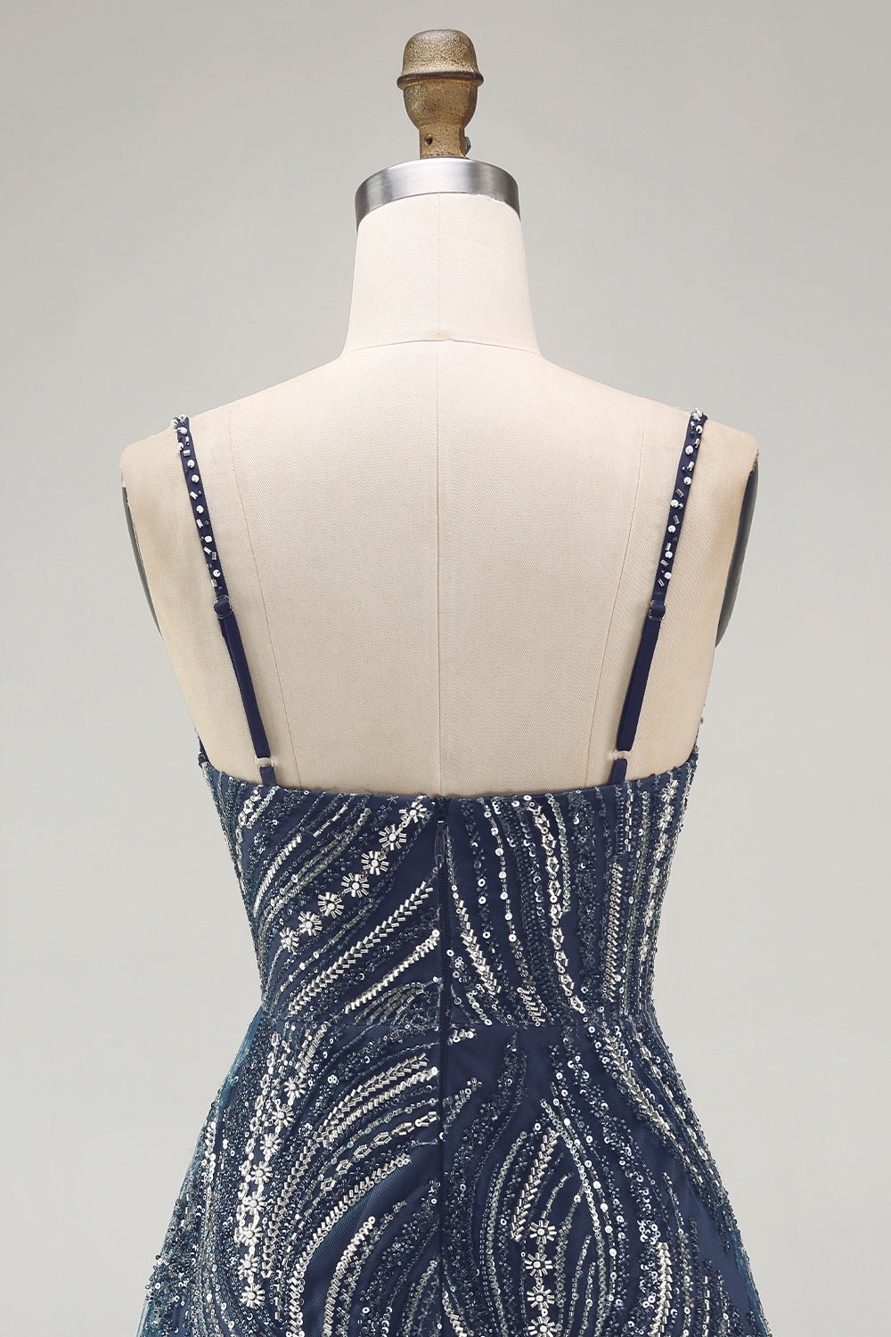 Beaded Thick Straps Sparkly Navy Short Cocktail Dress