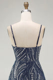 Beaded Thick Straps Sparkly Navy Short Cocktail Dress