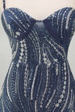 Beaded Thick Straps Sparkly Navy Short Cocktail Dress