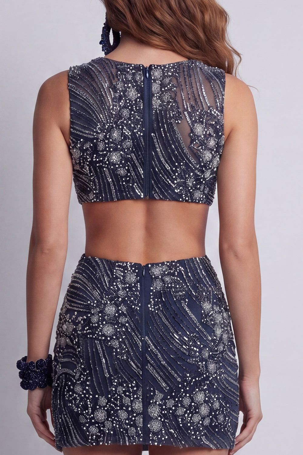 Sparkly Navy Beaded Boat Neck Cut Out Tight Short Cocktail Dress