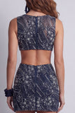Sparkly Navy Beaded Boat Neck Cut Out Tight Short Cocktail Dress