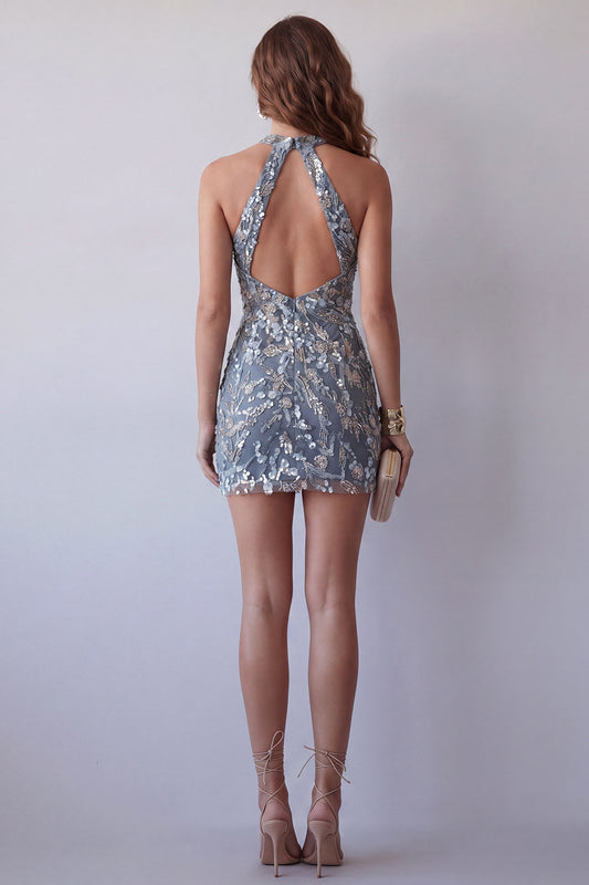 Tight Short Sparkly Grey Blue Beaded Halter Cocktail Dress