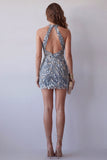 Tight Short Sparkly Grey Blue Beaded Halter Cocktail Dress