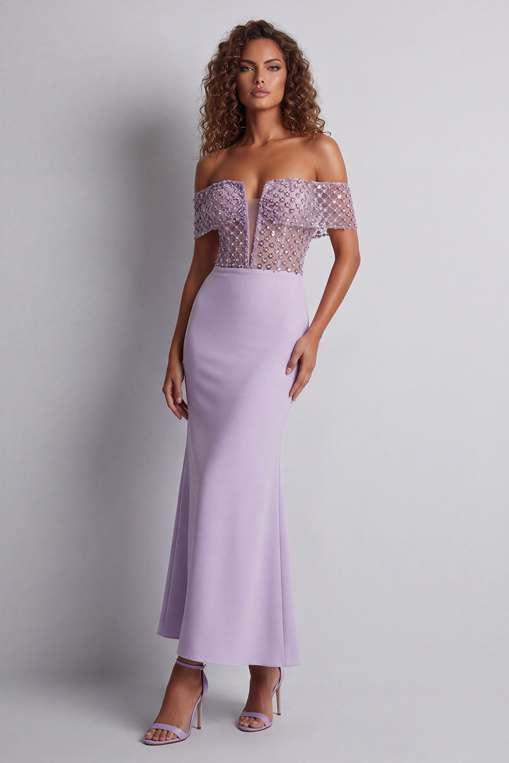 Off the Shoulder Light Purple Long Corset Mermaid Formal Dress with Beading