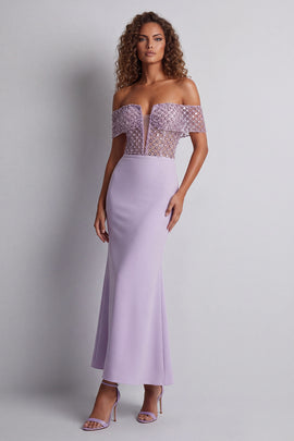 Off the Shoulder Light Purple Long Corset Mermaid Formal Dress with Beading