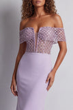 Off the Shoulder Light Purple Long Corset Mermaid Formal Dress with Beading