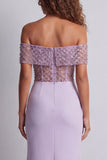 Off the Shoulder Light Purple Long Corset Mermaid Formal Dress with Beading