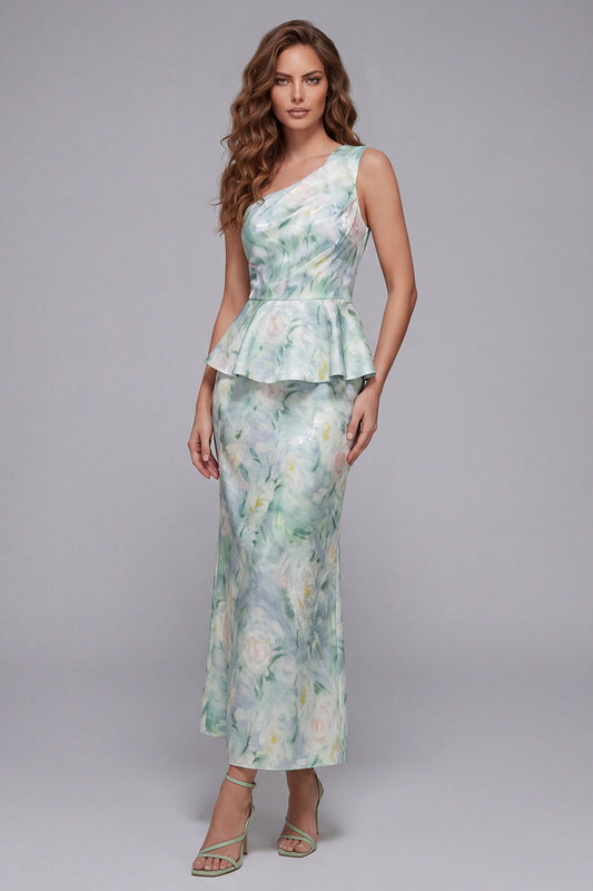 One Shoulder Light Green Floral Long Mermaid Ruched Formal Dress with Ruffles