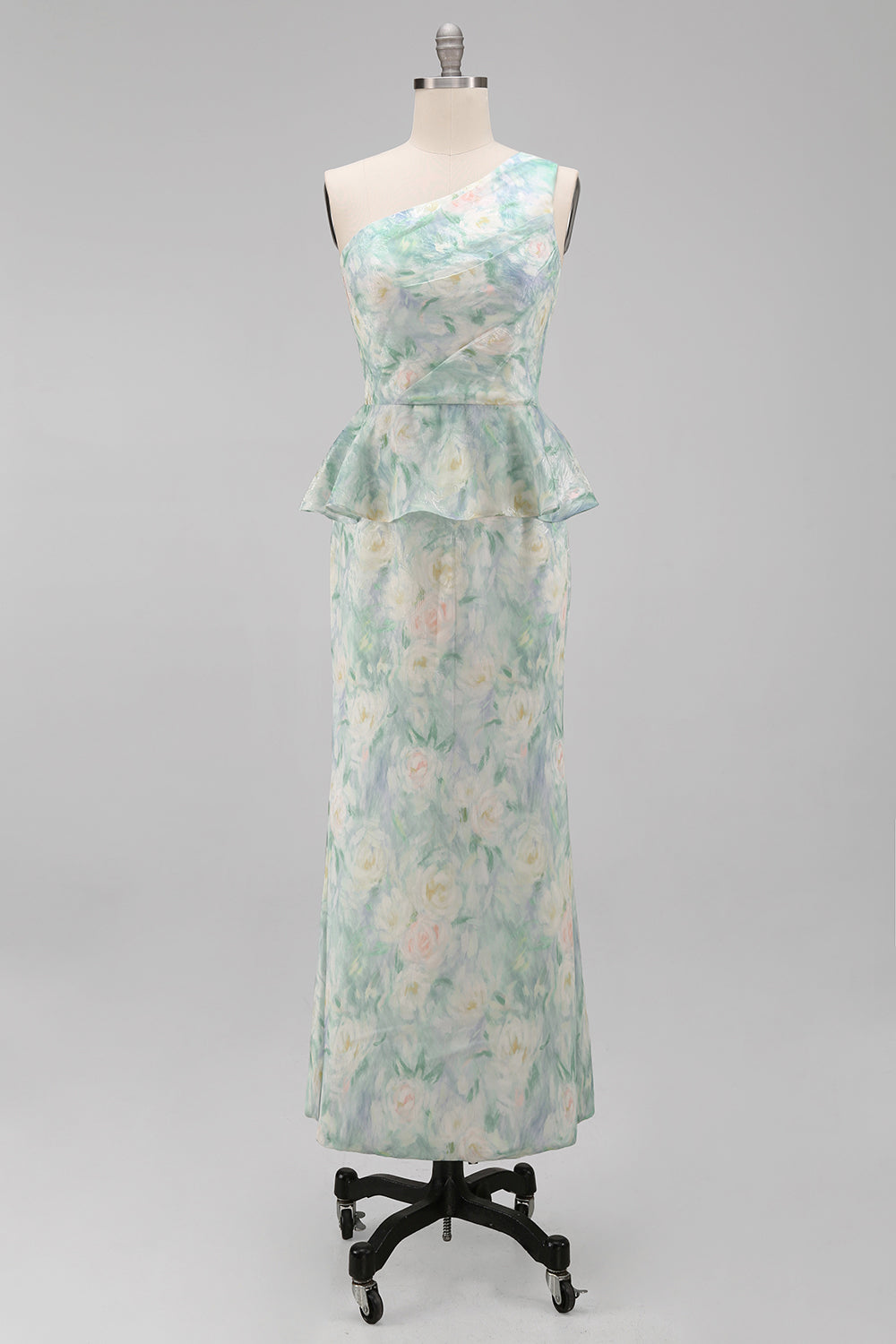 One Shoulder Light Green Floral Long Mermaid Ruched Formal Dress with Ruffles