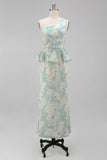 One Shoulder Light Green Floral Long Mermaid Ruched Formal Dress with Ruffles