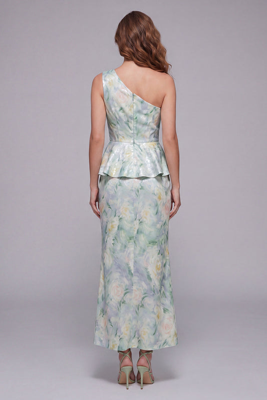 One Shoulder Light Green Floral Long Mermaid Ruched Formal Dress with Ruffles