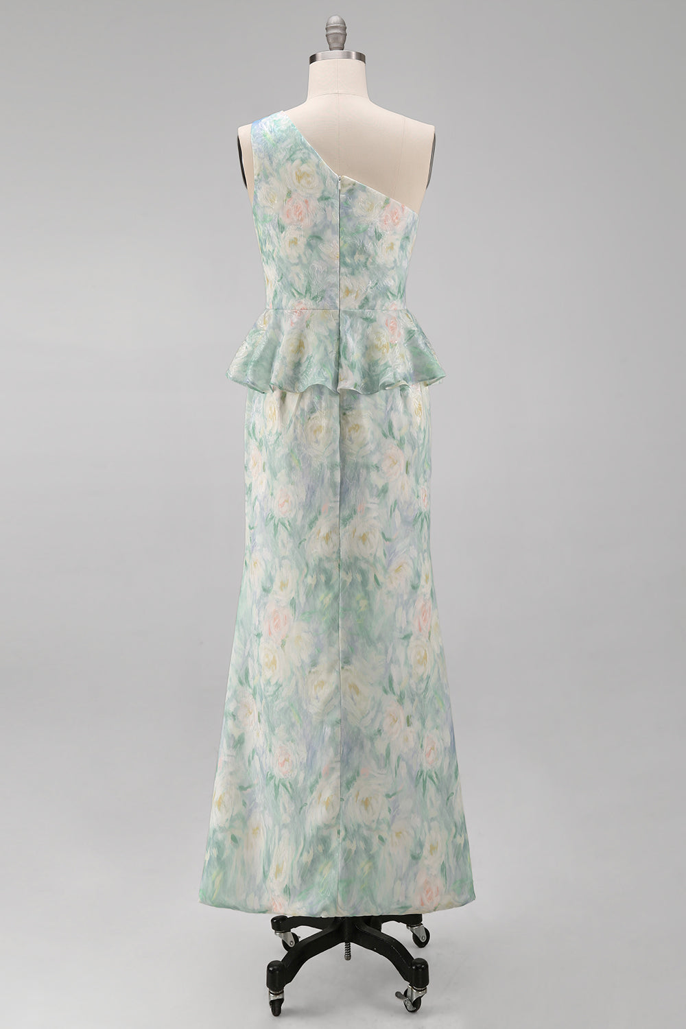 One Shoulder Light Green Floral Long Mermaid Ruched Formal Dress with Ruffles