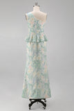 One Shoulder Light Green Floral Long Mermaid Ruched Formal Dress with Ruffles