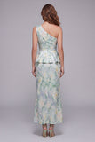 One Shoulder Light Green Floral Long Mermaid Ruched Formal Dress with Ruffles
