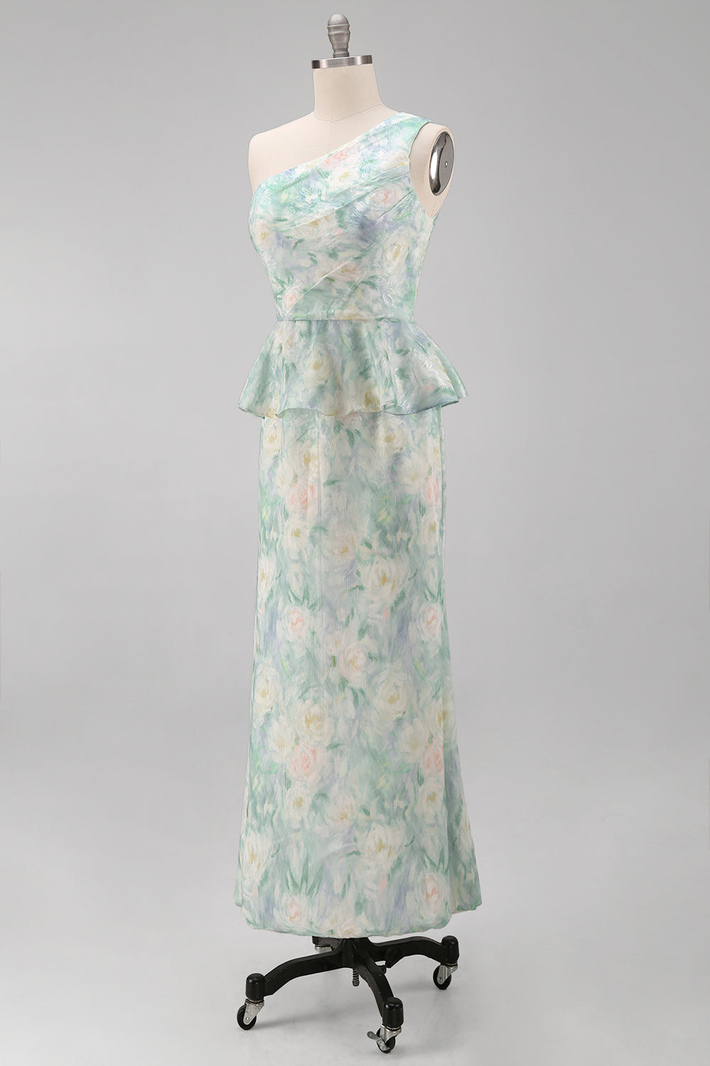 One Shoulder Light Green Floral Long Mermaid Ruched Formal Dress with Ruffles