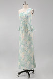 One Shoulder Light Green Floral Long Mermaid Ruched Formal Dress with Ruffles