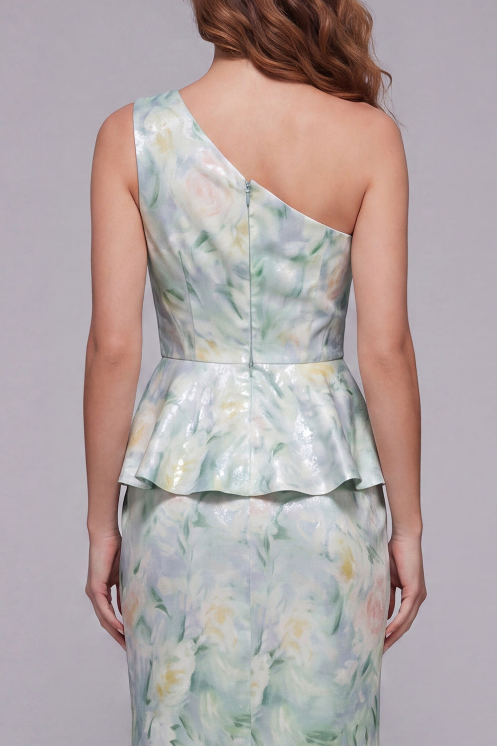 One Shoulder Light Green Floral Long Mermaid Ruched Formal Dress with Ruffles