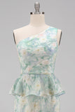 One Shoulder Light Green Floral Long Mermaid Ruched Formal Dress with Ruffles