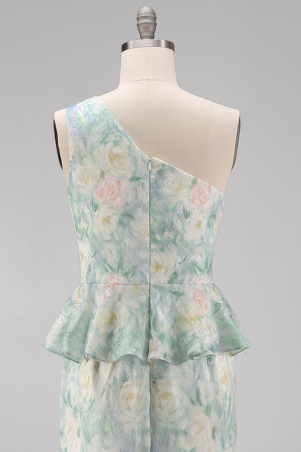 One Shoulder Light Green Floral Long Mermaid Ruched Formal Dress with Ruffles
