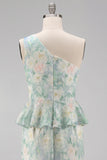 One Shoulder Light Green Floral Long Mermaid Ruched Formal Dress with Ruffles