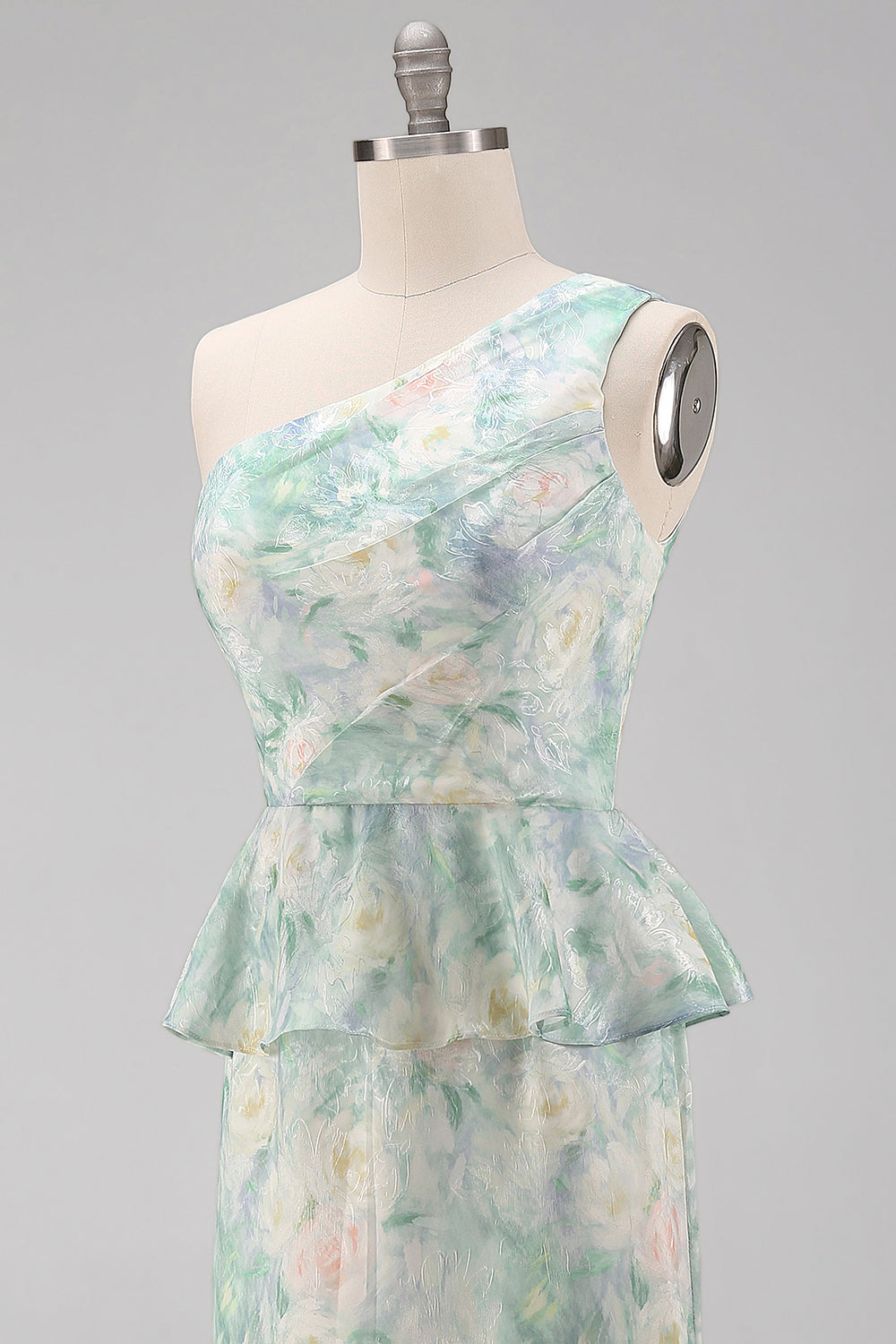 One Shoulder Light Green Floral Long Mermaid Ruched Formal Dress with Ruffles