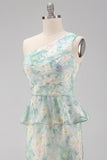 One Shoulder Light Green Floral Long Mermaid Ruched Formal Dress with Ruffles