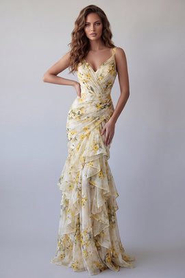 V-Neck Light Yellow Floral Long Mermaid Ruched Formal Dress with Ruffles