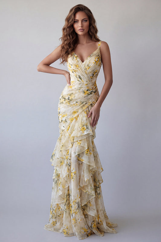 V-Neck Light Yellow Floral Long Mermaid Ruched Formal Dress with Ruffles