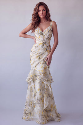 V-Neck Light Yellow Floral Long Mermaid Ruched Formal Dress with Ruffles