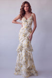 V-Neck Light Yellow Floral Long Mermaid Ruched Formal Dress with Ruffles