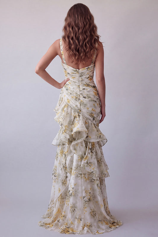 V-Neck Light Yellow Floral Long Mermaid Ruched Formal Dress with Ruffles