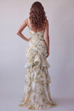 V-Neck Light Yellow Floral Long Mermaid Ruched Formal Dress with Ruffles