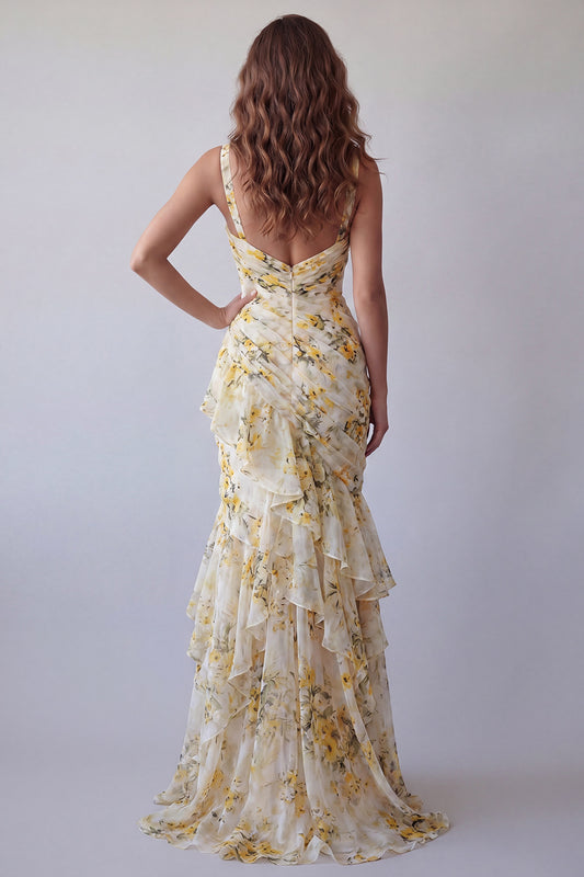 V-Neck Light Yellow Floral Long Mermaid Ruched Formal Dress with Ruffles