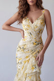 V-Neck Light Yellow Floral Long Mermaid Ruched Formal Dress with Ruffles