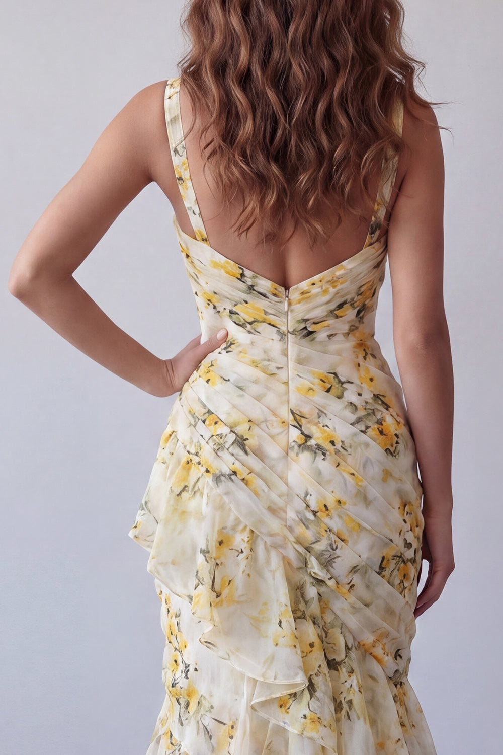 V-Neck Light Yellow Floral Long Mermaid Ruched Formal Dress with Ruffles