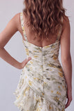 V-Neck Light Yellow Floral Long Mermaid Ruched Formal Dress with Ruffles
