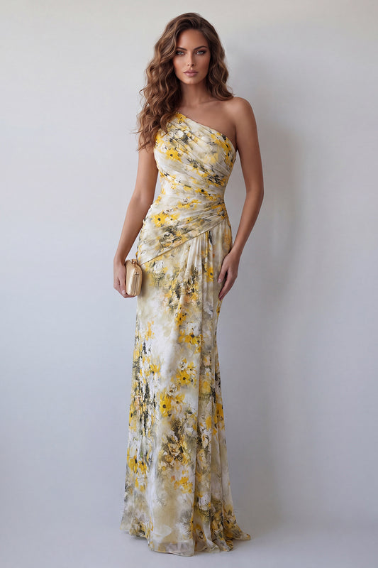 Light Yellow Floral Long Mermaid One Shoulder Ruched Formal Dress