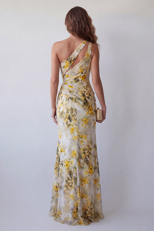 Light Yellow Floral Long Mermaid One Shoulder Ruched Formal Dress