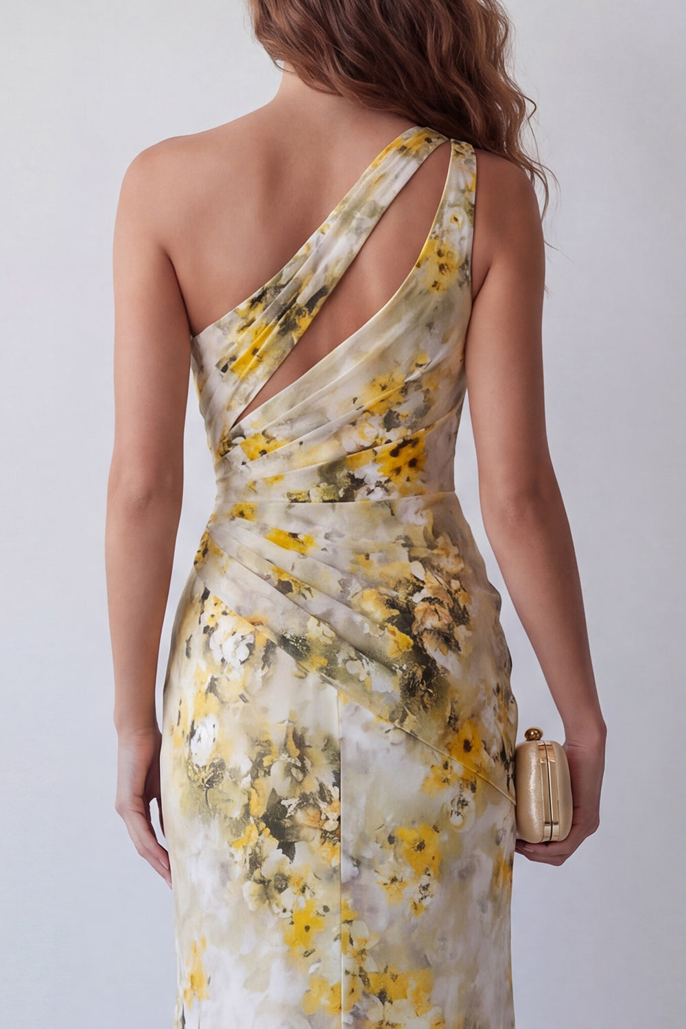 Light Yellow Floral Long Mermaid One Shoulder Ruched Formal Dress