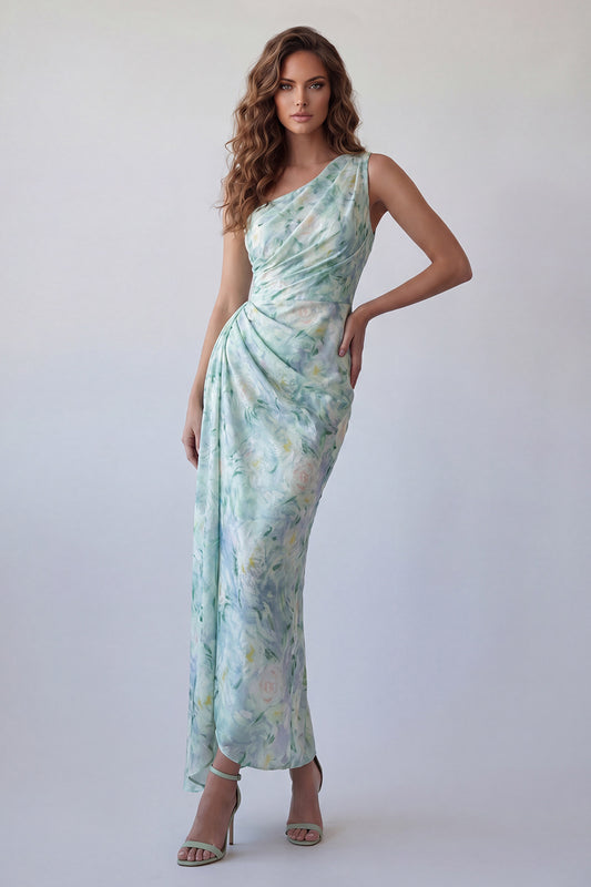 Light Green Floral One Shoulder Long Mermaid Ruched Formal Dress