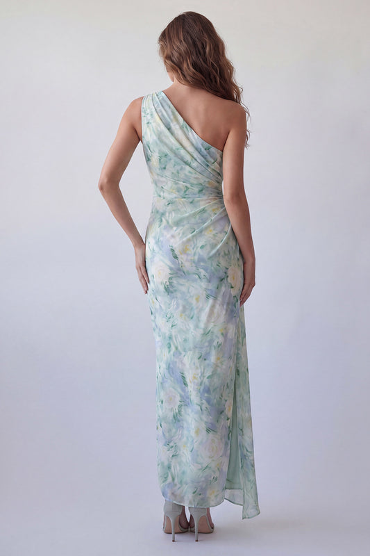 Light Green Floral One Shoulder Long Mermaid Ruched Formal Dress