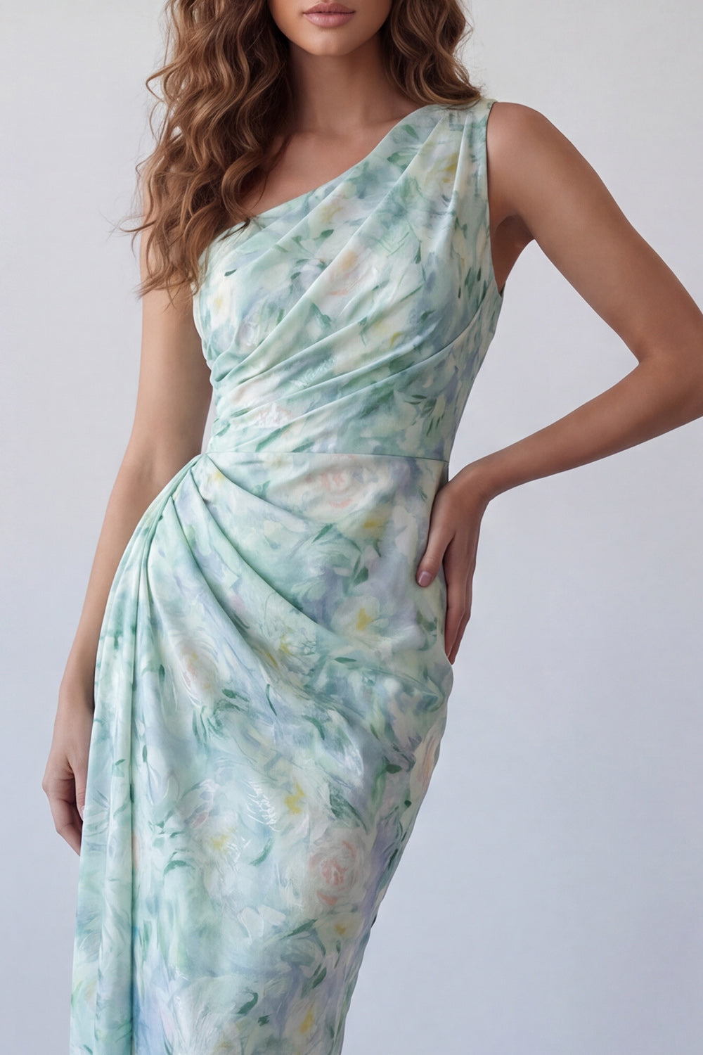 Light Green Floral One Shoulder Long Mermaid Ruched Formal Dress