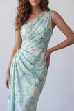 Light Green Floral One Shoulder Long Mermaid Ruched Formal Dress