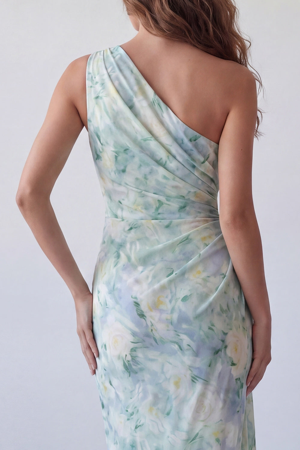 Light Green Floral One Shoulder Long Mermaid Ruched Formal Dress