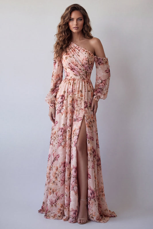Pink Floral One Shoulder Long A Line Ruched Formal Dress with Slit
