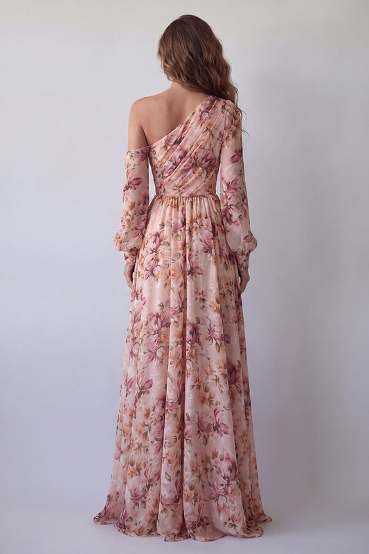 Pink Floral One Shoulder Long A Line Ruched Formal Dress with Slit