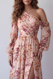 Pink Floral One Shoulder Long A Line Ruched Formal Dress with Slit