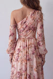 Pink Floral One Shoulder Long A Line Ruched Formal Dress with Slit